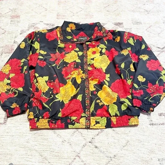 vintage floral lightweight windbreaker jacket in black and red jacket size m - Picture 8 of 12